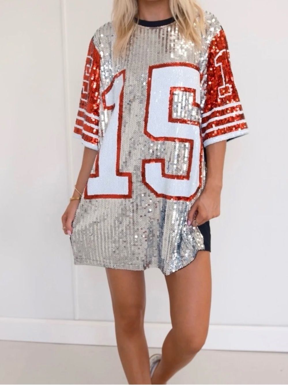 Sequin Number 15 Party Tunic Dress in Silver and Red - game day Patrick Mahomes